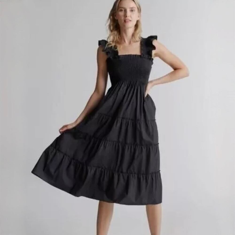 Quince 100% Organic Cotton Black Smocked Midi Dress - Black - Size S